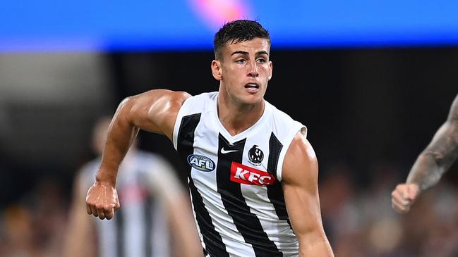 BRISBANE, AUSTRALIA - MARCH 28: Nick Daicos of the Magpies in action during the round three AFL match between Brisbane Lions and Collingwood Magpies at The Gabba, on March 28, 2024, in Brisbane, Australia. (Photo by Albert Perez/AFL Photos via Getty Images )