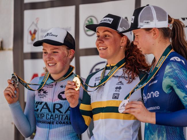 Hobart's Felicity Wilson-Haffenden (centre) with her Road Nats time trial gold medal. Picture: AusCycling