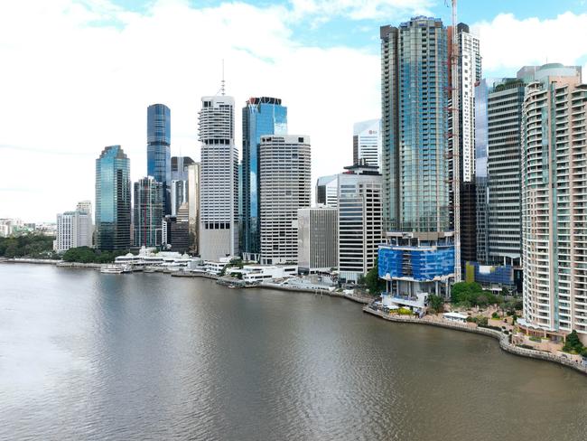 Aerial view of the Brisbane city skyline and inner city CBD, viewed from the Brisbane River. Picture: Brendan Radke