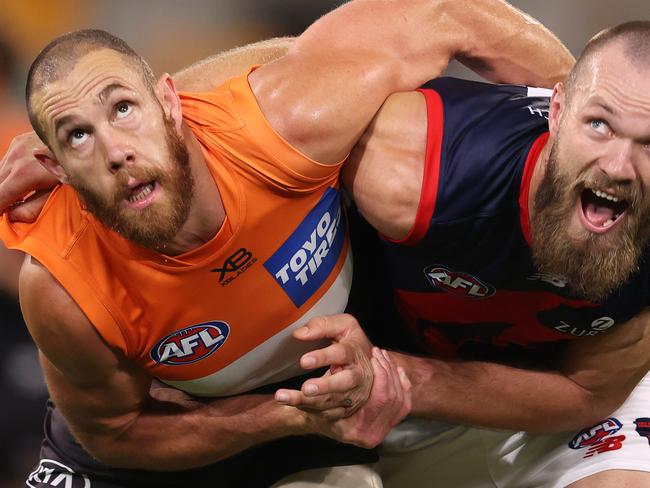 Footy Best of 2020 spread .. 25/12/2020. AFL Round 17. 12/09/2020. GWS Giants vs Melbourne at the Gabba, Brisbane.. Shane Mumford of the Giant and Max Gawn of the Demons lock horns at boundary throw in . Pic: Michael Klein