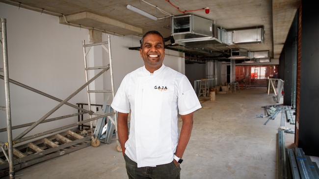 Sashi Cheliah inside the under-renovation restaurant Adelaide’s CBD, which will feature an open kitchen. Picture: Matt Turner