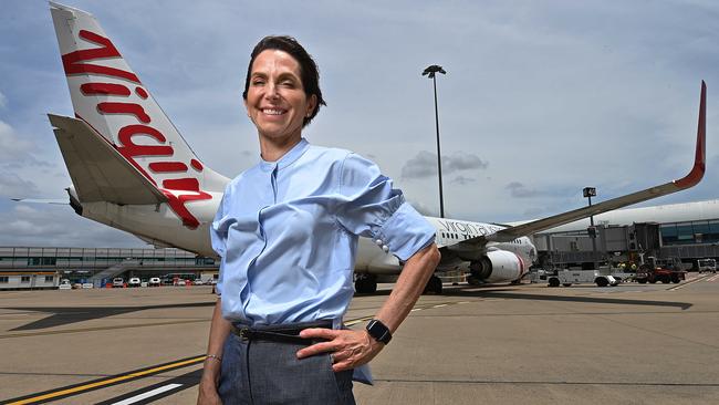 Jayne Hrdlicka at Brisbane airport on Wednesday, her first day as CEO at Virgin Australia. Picture: Lyndon Mechielsen