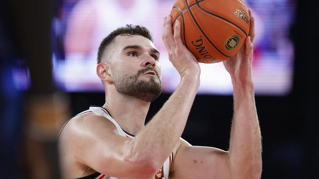 MELBOURNE, AUSTRALIA - DECEMBER 16: Isaac Humphries of the 36ers shoots a free throw during the round 11 NBL match between Melbourne United and Adelaide 36ers at John Cain Arena, on December 16, 2023, in Melbourne, Australia. (Photo by Daniel Pockett/Getty Images)