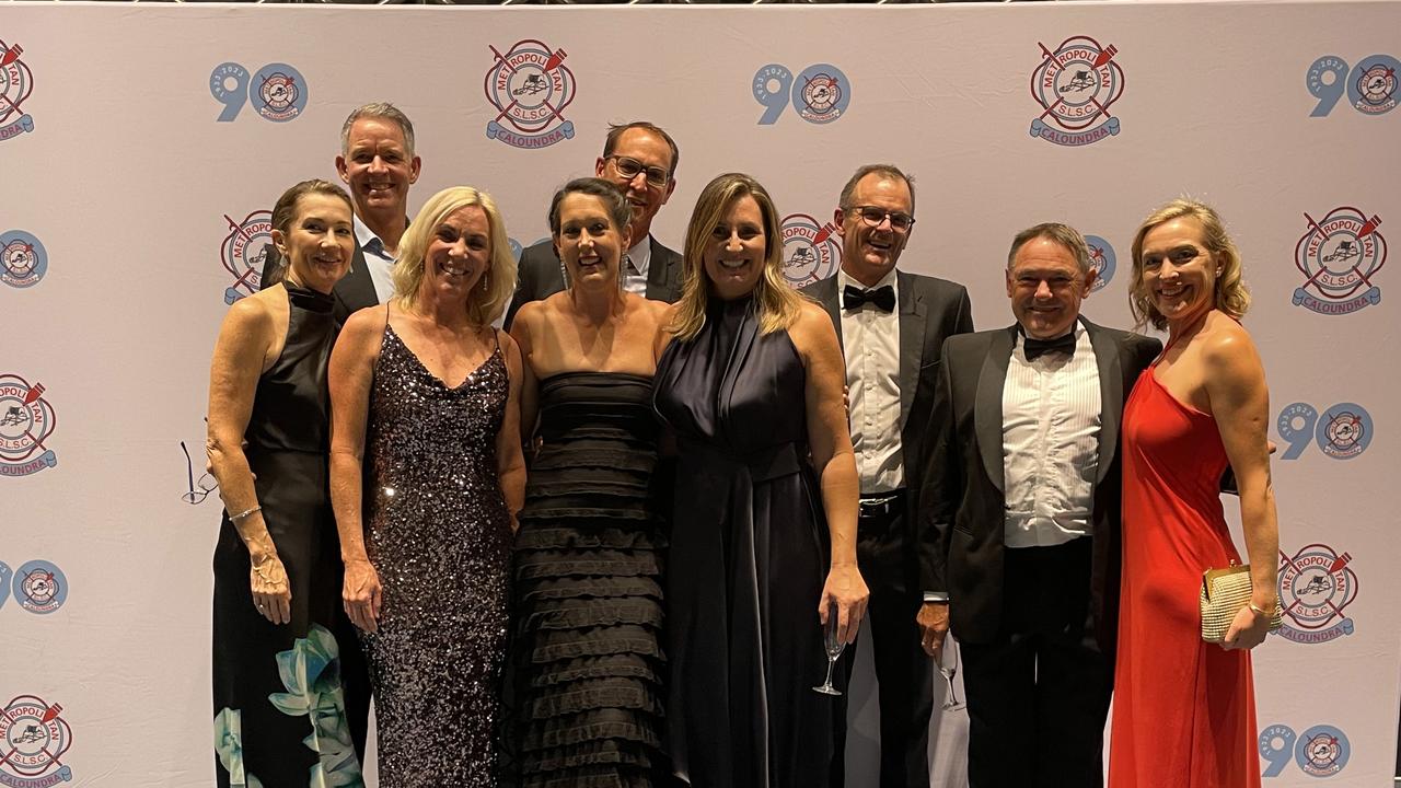 Lisa and Chip McKibben, Leanne Bullemor, Justine and Phill Ashworth, Gypsie and Hans Lombard, and Howard and Hilary Sharp at the Metropolitan Caloundra Surf Life Saving Club 90th Anniversary Gala Ball.