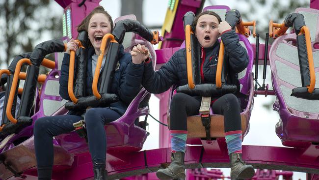 Ava and Tiana Schafer test ride the Extreme Thriller. Picture Mark Brake