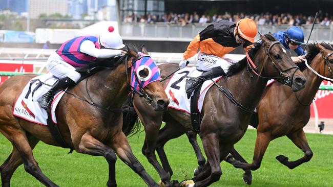 Rey Magnerio falls short against Maharba in the Group 3 Rising Fast Stakes on Derby Day with the pair to clash again in the Group 2 Rubiton Stakes on Saturday. Picture: Vince Caligiuri/Getty Images