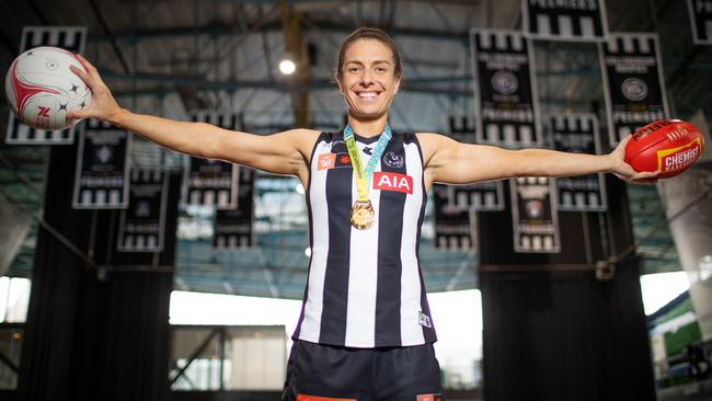 Ash Brazill is hoping to back up her Commonwealth Games netball gold medal with an AFLW premiership with Collingwood. Picture: Mark Stewart