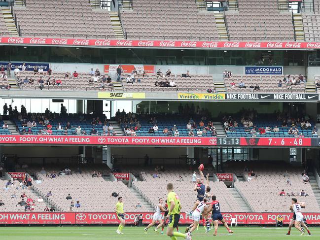 AFL Round 1. 20/03/2021. Melbourne v Fremantle at the MCG, Melbourne.  Empty stands at the MCG     . Pic: Michael Klein