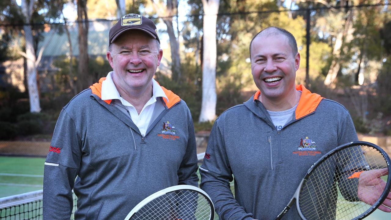 Opposition Leader Anthony Albanese  and Treasurer Josh Frydenberg after playing tennis at the courts at Parliament House in Canberra. Picture Kym Smith