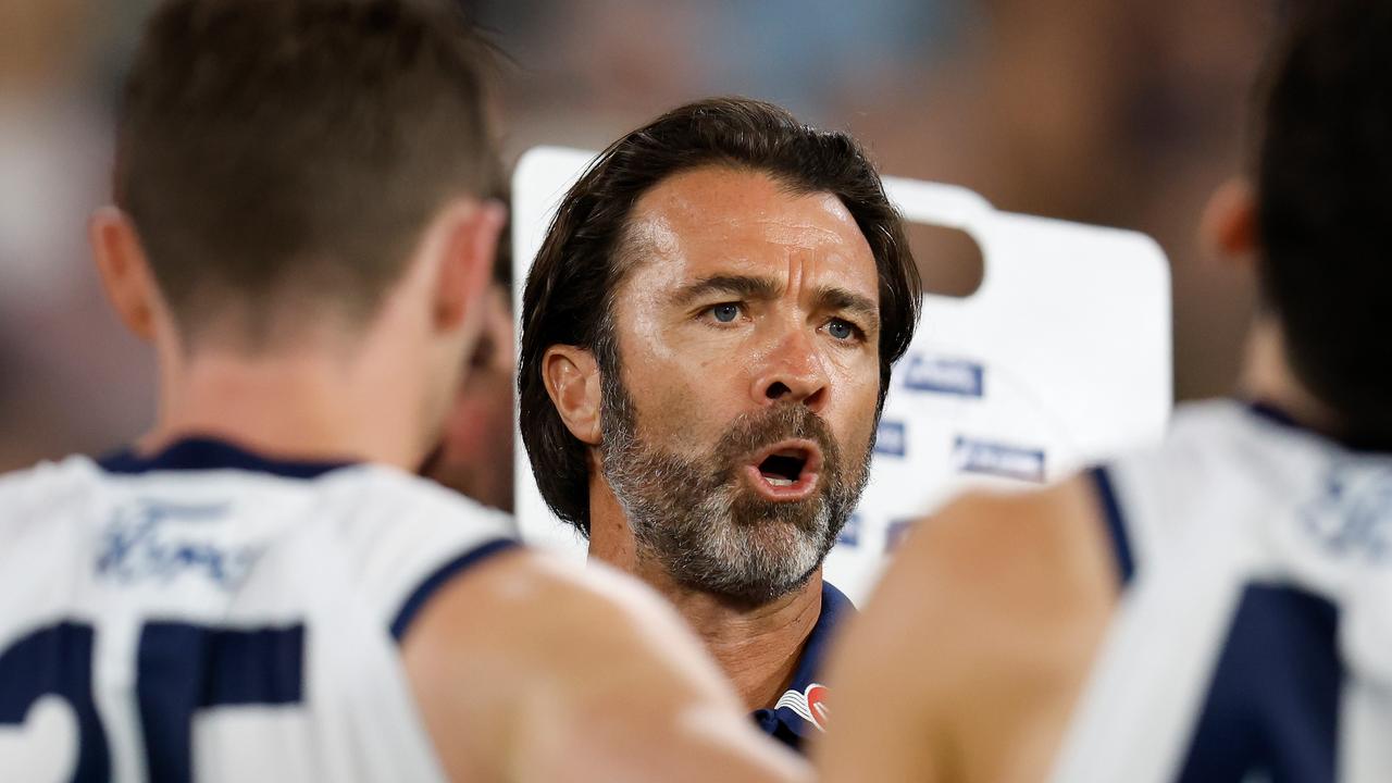 Geelong coach Chris Scott slammed the surface as “inconsistent” after his side’s Round 1 loss to Collingwood. (Photo by Michael Willson/AFL Photos via Getty Images)