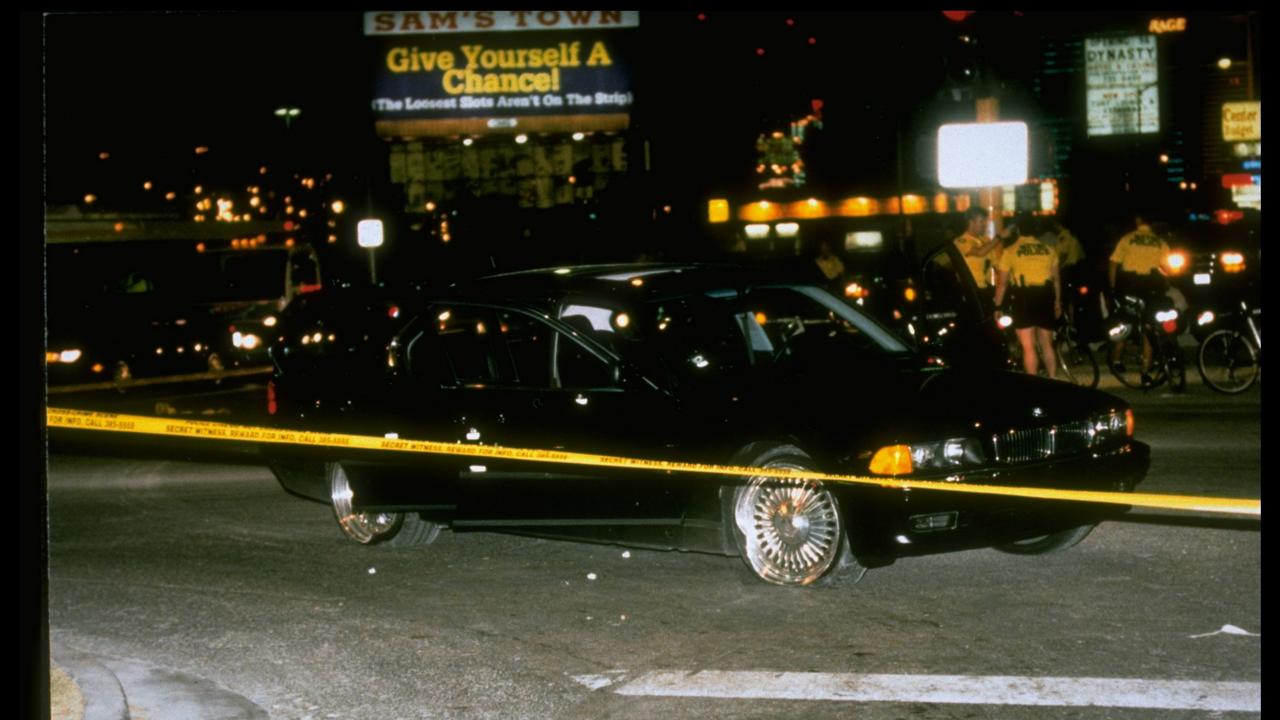 Black car in which rapper Tupac Shakur was fatally shot by unknown driveby assassins as he was riding Death Row records president, Marion Suge Knight. Picture: Getty