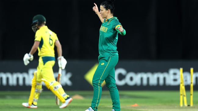 Marizanne Kapp celebrates taking the wicket of Beth Mooney on Wednesday night (Photo by Mark Metcalfe/Getty Images)