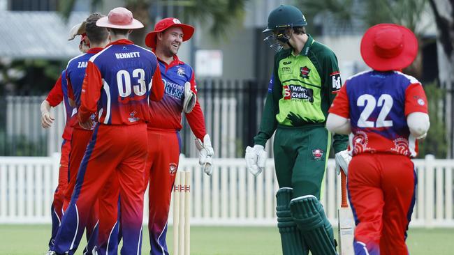 Mulgrave players celebrate wicket against Rovers in the Cricket Far North (CFN) match between Rovers and Mulgrave, held at Griffiths Park, Manunda. Picture: Brendan Radke