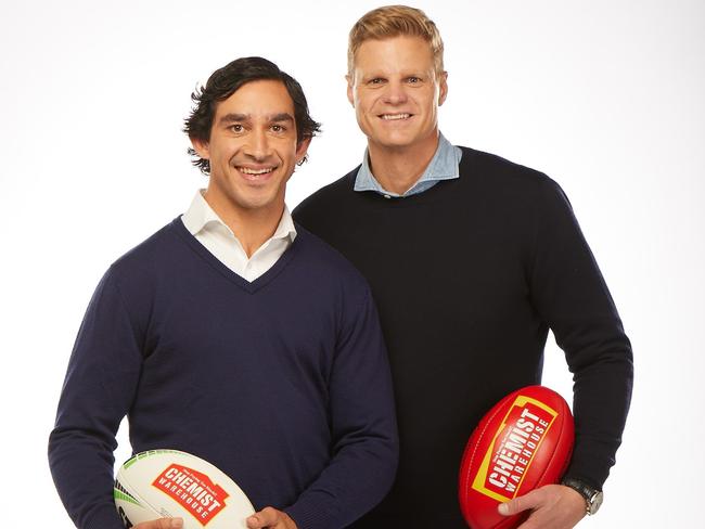 Rugby league legend Johnathan Thurston, left, has joined football superstar Nick Riewoldt in giving advice on player retention to the taskforce building a case for a Tassie AFL team. Picture: TIM CARAFFA