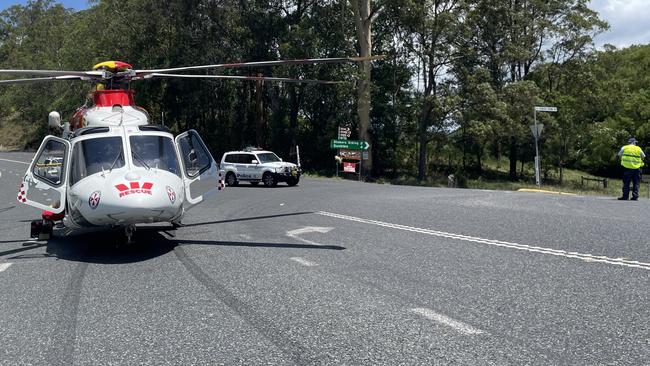 Westpac Rescue Helicopter landed on Tweed Valley Way after a motor vehicle accident off Stokers Siding Rd on Monday. Picture: Westpac Rescue Helicopter