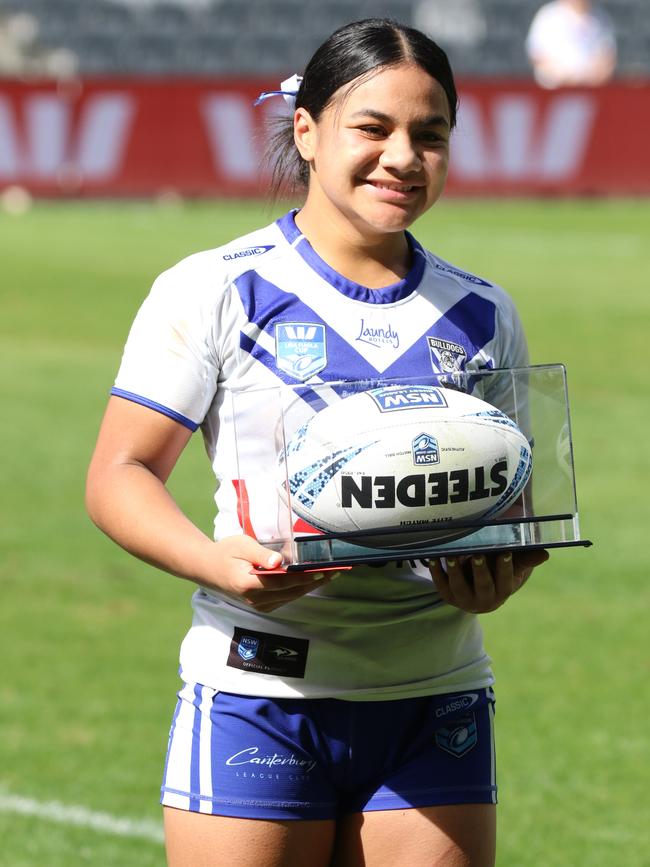 Canterbury’s Mary-Jane Taito with the player of the match award. Picture: Warren Gannon Photography