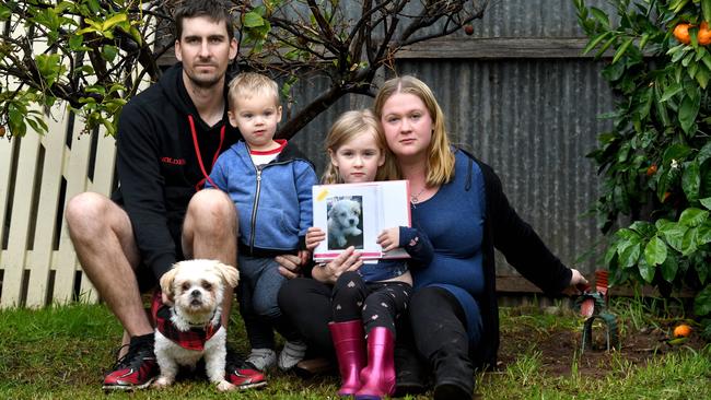 Tim Cowin with wife Leah and Rory, 2, Maddison, 4, and surviving dog Milo. The family buried their other dog Dexter two weeks ago after he ate a poisonous mushroom. Picture: Tricia Watkinson