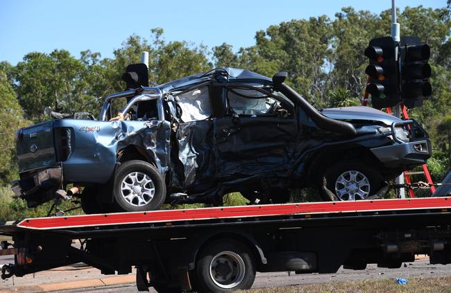 The wrecked Ford Ranger is taken away after the accident. Picture: Katrina Bridgeford.