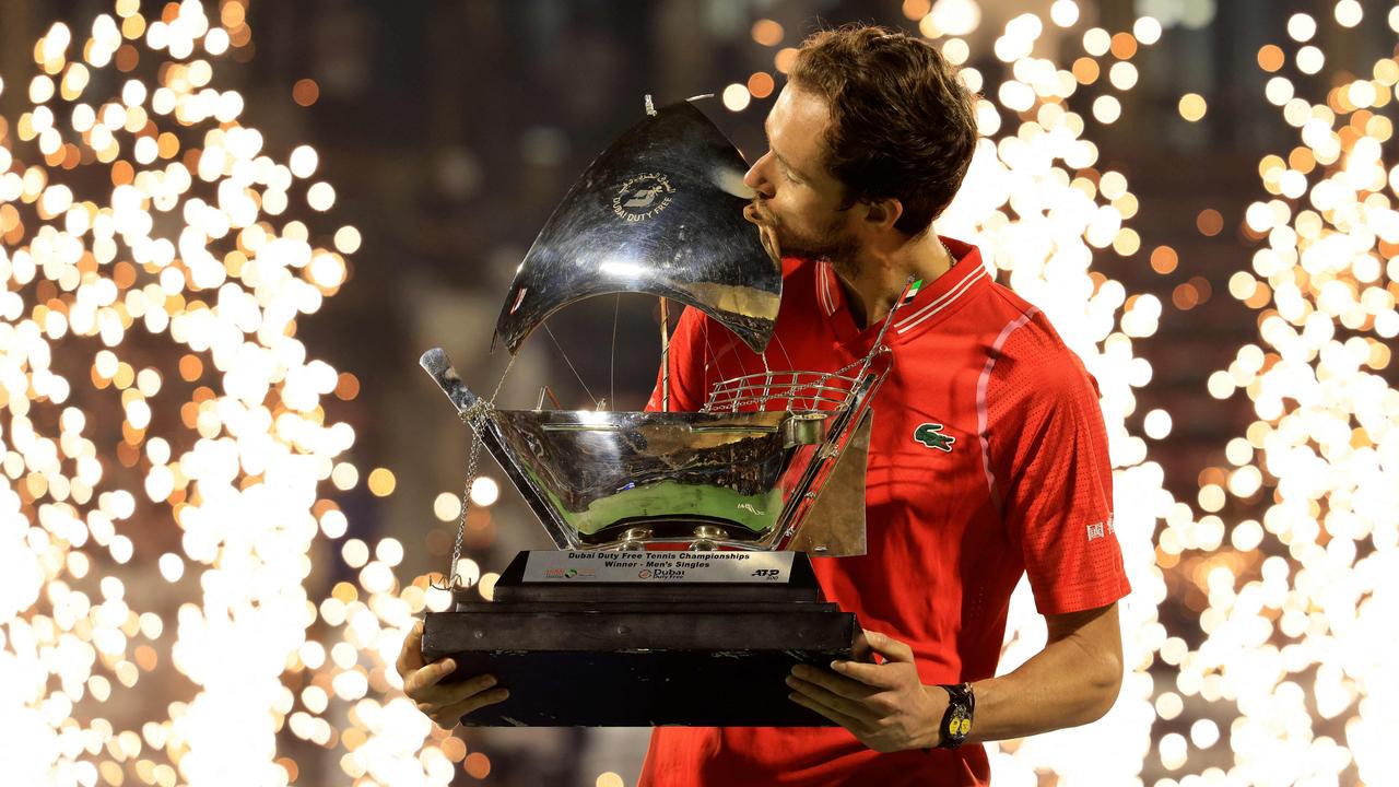 Daniil Medvedev kisses his trophy after defeating Andrey Rublev to win the ATP Dubai Duty Free Tennis Championship final. Picture: Karim Sahib