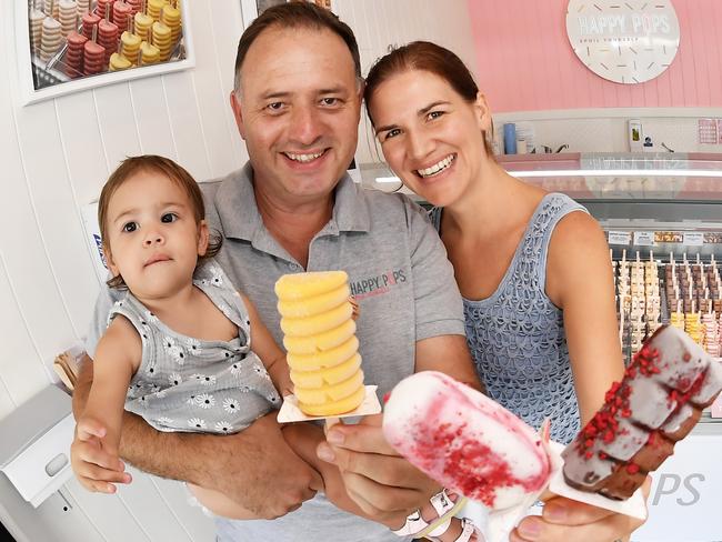 HAPPY POPS: The company was founded by husband and wife duo Augusta and Ian Puttkammer in Noosa in 2018 before opening their second shop in South Brisbane, and have now set up in Eumundi. Pictured with their 12 month old daughter, Lily. Photo: Patrick Woods.