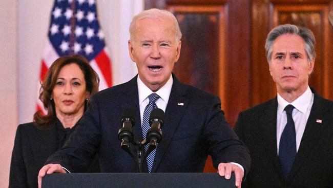 President Joe Biden, Vice President Kamala Harris and Secretary of State Antony Blinken after the ceasefire announcement. Picture: AFP)