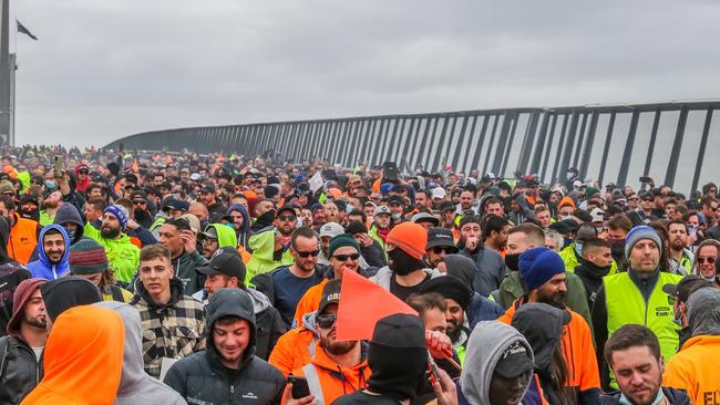 Hordes workers invade the West Gate Bridge in the wake of the riot. Picture: Asanka Ratnayake