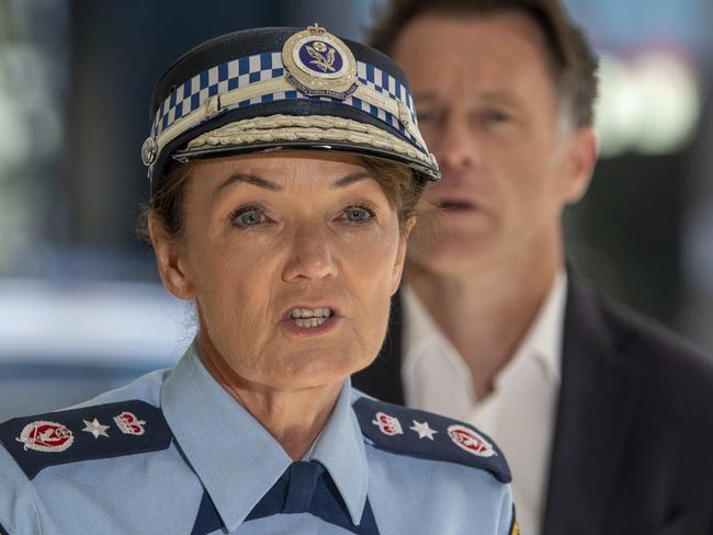 SYDNEY, AUSTRALIA - NewsWire Photos - JANUARY 12, 2025: NSW Premier Chris Minns and Police Commissioner Karen Webb at St George Police Station provide an update on police investigations into antisemitic vandalism across Sydney. Picture: NewsWire / Simon Bullard.