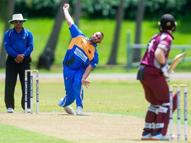 Darwin Eagles paceman Aaron Summers bends his back on his way to finishing with 0-17 off six overs against Palmerston. Picture: Che Chorley