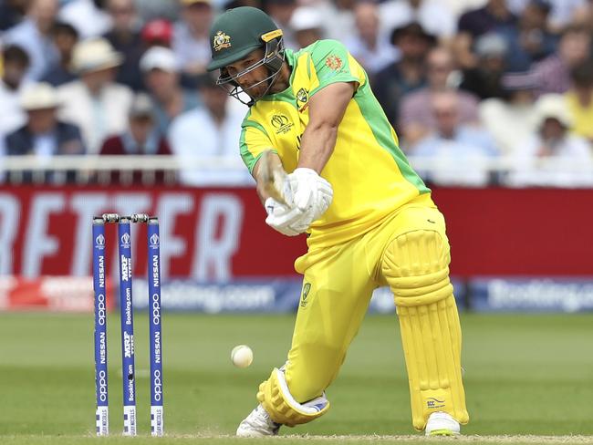 Australia's Nathan Coulter-Nile plays a shot during the Cricket World Cup match between Australia and West Indies at Trent Bridge in Nottingham, Thursday, June 6, 2019. (AP Photo/Rui Vieira)