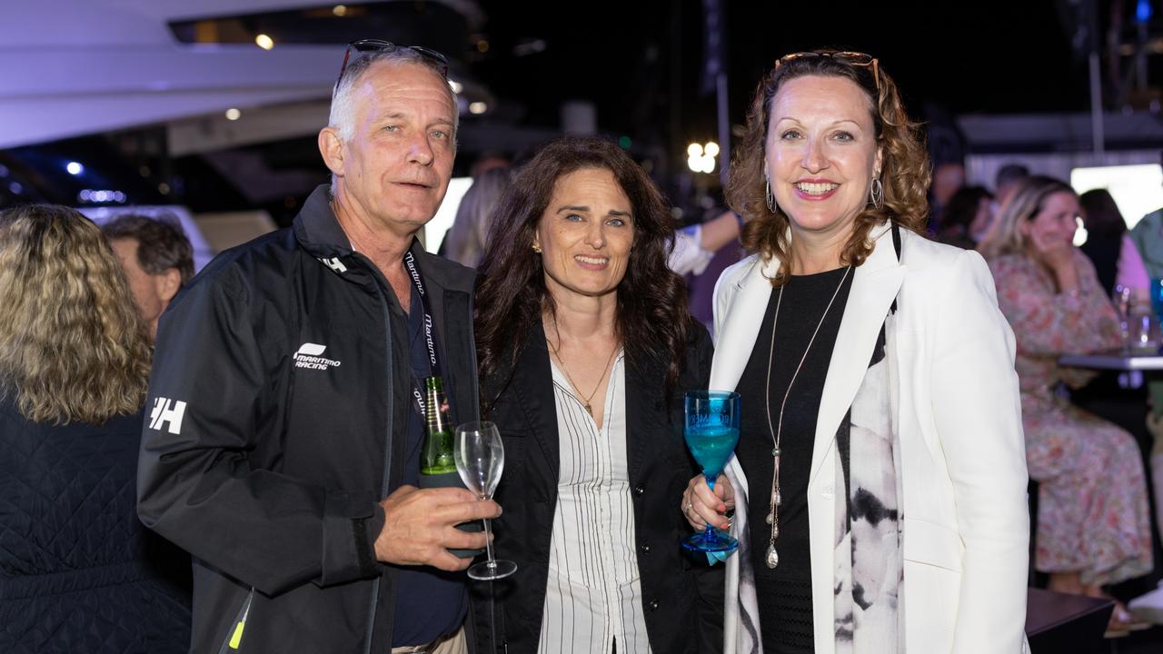 Jamie Nelson, Liann Rasera and Ruth Douglas for The Pulse at Maritimo Luxury Yachts global launch of the S75 and M75 at the Sanctuary Cove International Boat Show 2023. Picture: Celeste Humphrey