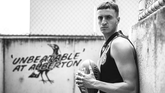 ADELAIDE, AUSTRALIA – NOVEMBER 13: (EDITORS NOTE: This image has been converted to black and white, altered with digital filters and a polarising filter was used for this image.) Orazio Fantasia poses during a Port Adelaide Power AFL media opportunity at Alberton Oval on November 13, 2020 in Adelaide, Australia. (Photo by Daniel Kalisz/Getty Images)