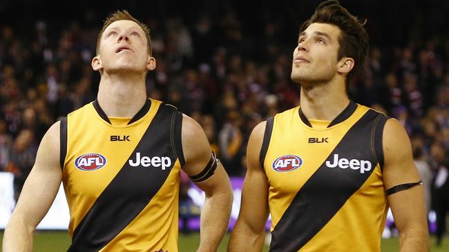 THEN: Jack Riewoldt and Alex Rance walk off Etihad Stadium after a loss to St Kilda. Picture: Michael Klein