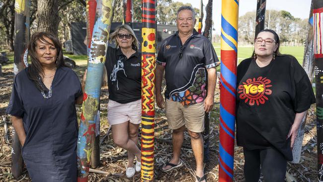 ATSIEB deputy chair Paula McGrady, Tanya Keed, Maurice Walker chair Jo Chivers at the Indigenous-run Boomanulla Oval in Narrabundah. Picture: Martin Ollman