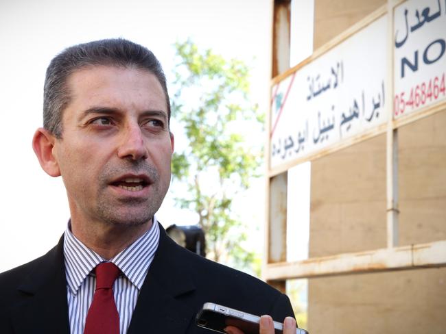 Adam Whittington’s lawyer Joe Karam speaks to media outside the court in Baabda, Lebanon. Picture: Liam Kidston.