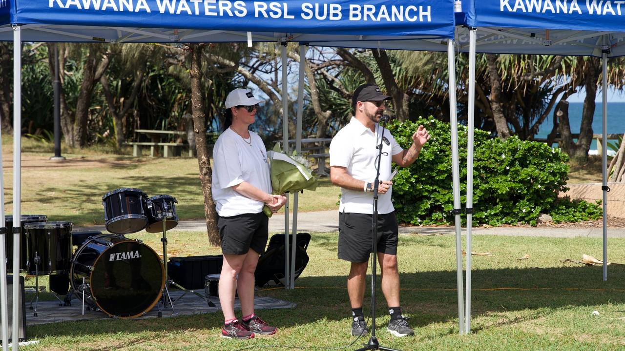 Kerri-Lyn and Michael Stewart addressing the crowd before the Walk for Balin community event at Kawana Waters Surf Club on January 20, 2023. Picture: Katrina Lezaic