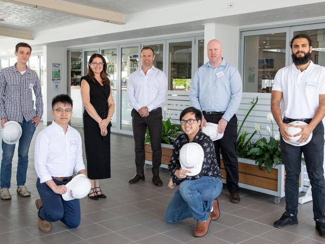 Back: Rail graduate Nakita  Nikiteev, CQU Dean of Health, Medical & Applied Sciences Michelle Bellingan, Adani CEO David Boshoff, mine graduates Jonathon Brennan and Harmon Singh. Front: Rail graduates Brendan Chau and Kenneth Licong.