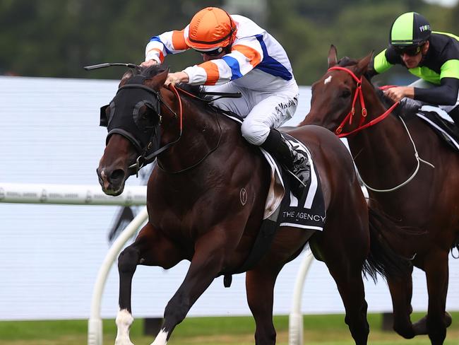 SYDNEY, AUSTRALIA - MARCH 23: Damian Lane riding Veight wins Race 7 The Agency George Ryder Stakes during the Golden Slipper Day - Sydney Racing at Rosehill Gardens on March 23, 2024 in Sydney, Australia. (Photo by Jeremy Ng/Getty Images)