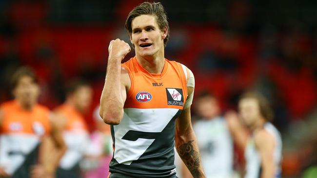 SYDNEY, AUSTRALIA — JUNE 25: Rory Lobb of the Giants celebrates kicking a goal during the round 14 AFL match between the Greater Western Sydney Giants and the Carlton Blues at Spotless Stadium on June 25, 2016 in Sydney, Australia. (Photo by Mark Nolan/Getty Images)