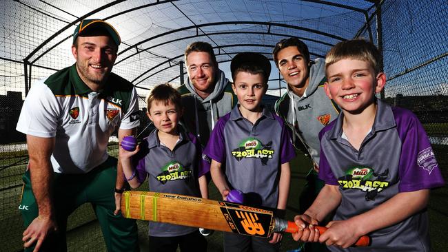 Tassie Tigers cricketers, from back left, Cam Stevenson, Tom Rogers and Liam Devlin with youngsters, from left, Jackson Kooistra, 9, William Sandow, 9, and Harvey Jackman, 8, at the Wynyard Cricket Club. Picture: CHRIS KIDD