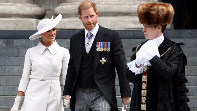 Prince Harry, Duke of Sussex and Meghan, Duchess of Sussex depart after the National Service of Thanksgiving to Celebrate the Platinum Jubilee of Her Majesty The Queen at St Paul's Cathedral on June 3.