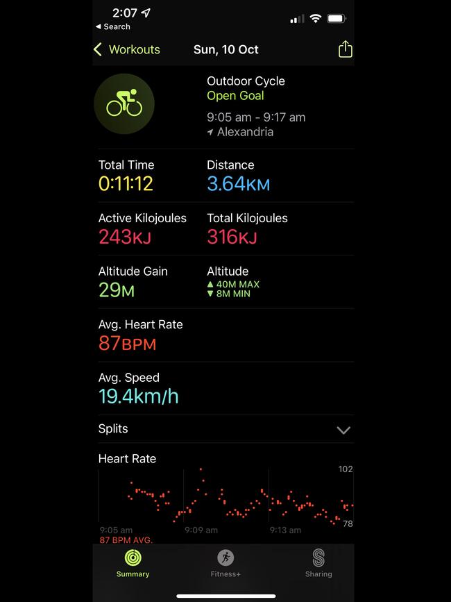 Apple's Fitness app automatically recorded outdoor cycling but can adjust down total kilojoules used if it detects you are on an e-bike, as I was here.