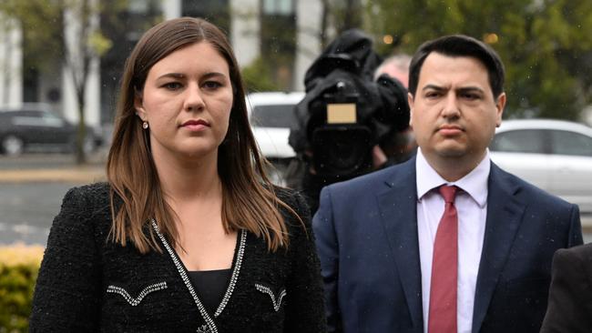 Former Liberal Party staffer Brittany Higgins and partner David Sharaz arrive at the ACT Supreme Court in Canberra. Picture: AAP.