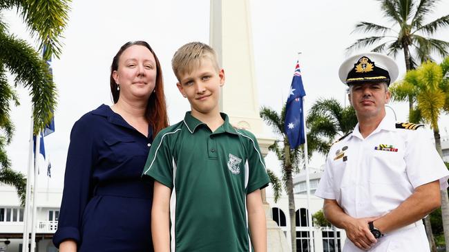 Legacy Far North Queensland has launched their campaign to build Legacy House Cairns, a $1.75 million facility that will help families of fallen defence force members. Melanie Allen and her son Tobias Allen, 11, lost their husband and father, Leading Seaman Steven Allen, in 2017. Together with HMAS Cairns Commander Alfonso Santos, they are supporting the fundraising drive that will assist families in need. Picture: Brendan Radke