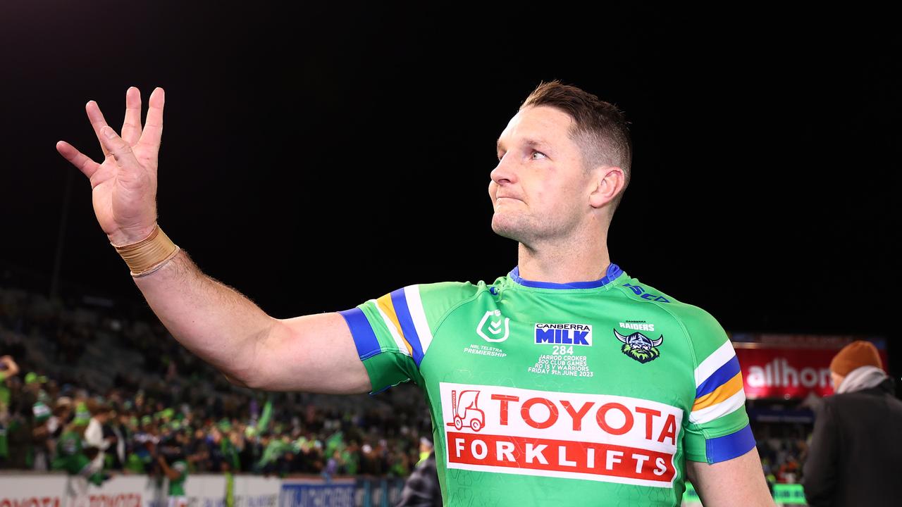CANBERRA, AUSTRALIA - JUNE 09: Jarrod Croker of the Raiders thanks the crowd after his 300th game after the round 15 NRL match between Canberra Raiders and New Zealand Warriors at GIO Stadium on June 09, 2023 in Canberra, Australia. (Photo by Mark Nolan/Getty Images)