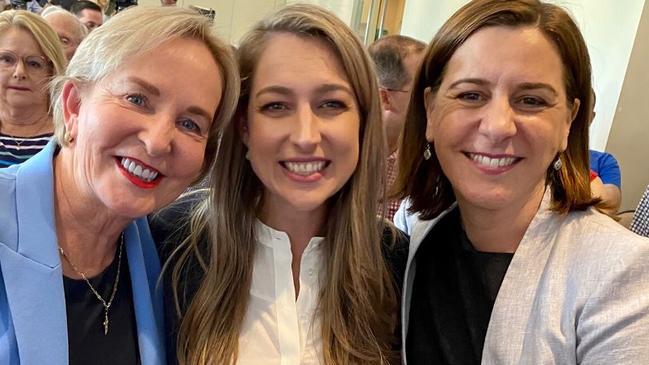 Laura Gerber (centre) with Ros Bates (left) and Deb Frecklington (right) in early March.