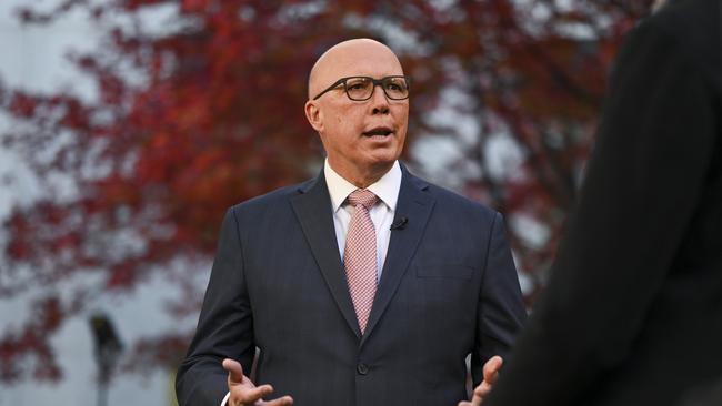 Leader of the Opposition Peter Dutton holds media interviews at Parliament House in Canberra. Picture: NCA NewsWire / Martin Ollman