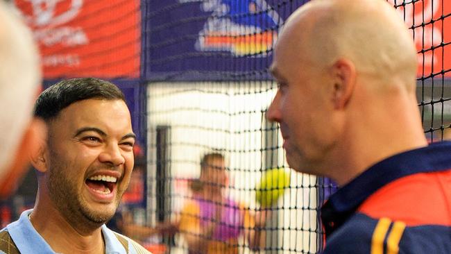 Crows coach Matthew Nicks says he was starstruck by Australian singer Guy Sebastian's appearance before the game. Picture: Harrison Mielke/Adelaide Football Club