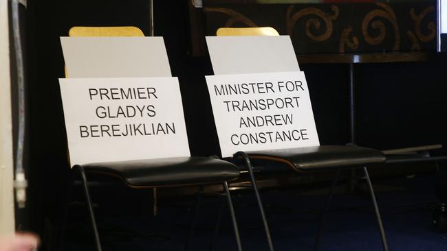 Empty reserved seats for Premier Gladys Berejiklian and Transport Minister Andrew Constance. Picture: John Appleyard