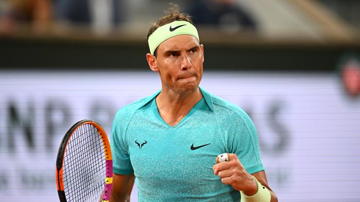 PARIS, FRANCE - MAY 27: Rafael Nadal of Spain celebrates a point against Alexander Zverev of Germany in the Men's Singles first round match on Day Two of the 2024 French Open at Roland Garros on May 27, 2024 in Paris, France. (Photo by Clive Mason/Getty Images)