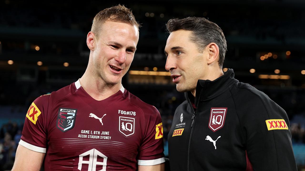 Maroons captain Daly Cherry-Evans and Maroons head coach Billy Slater. Photo by Mark Kolbe/Getty Images.